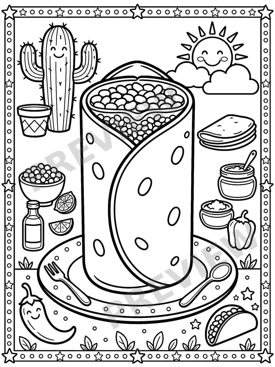 Mexican Food Fiesta Coloring Book Page Sample 2 thumbnail